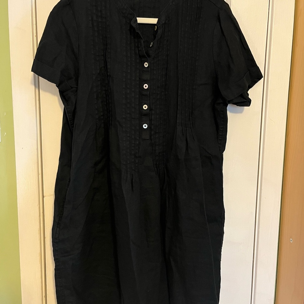 Black Pin Tuck Linen Button-Down Dress